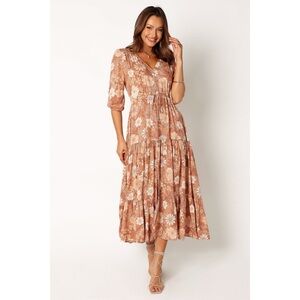 New Petal & Pup The Kelda Midi Dress in Tan Floral Size XL
